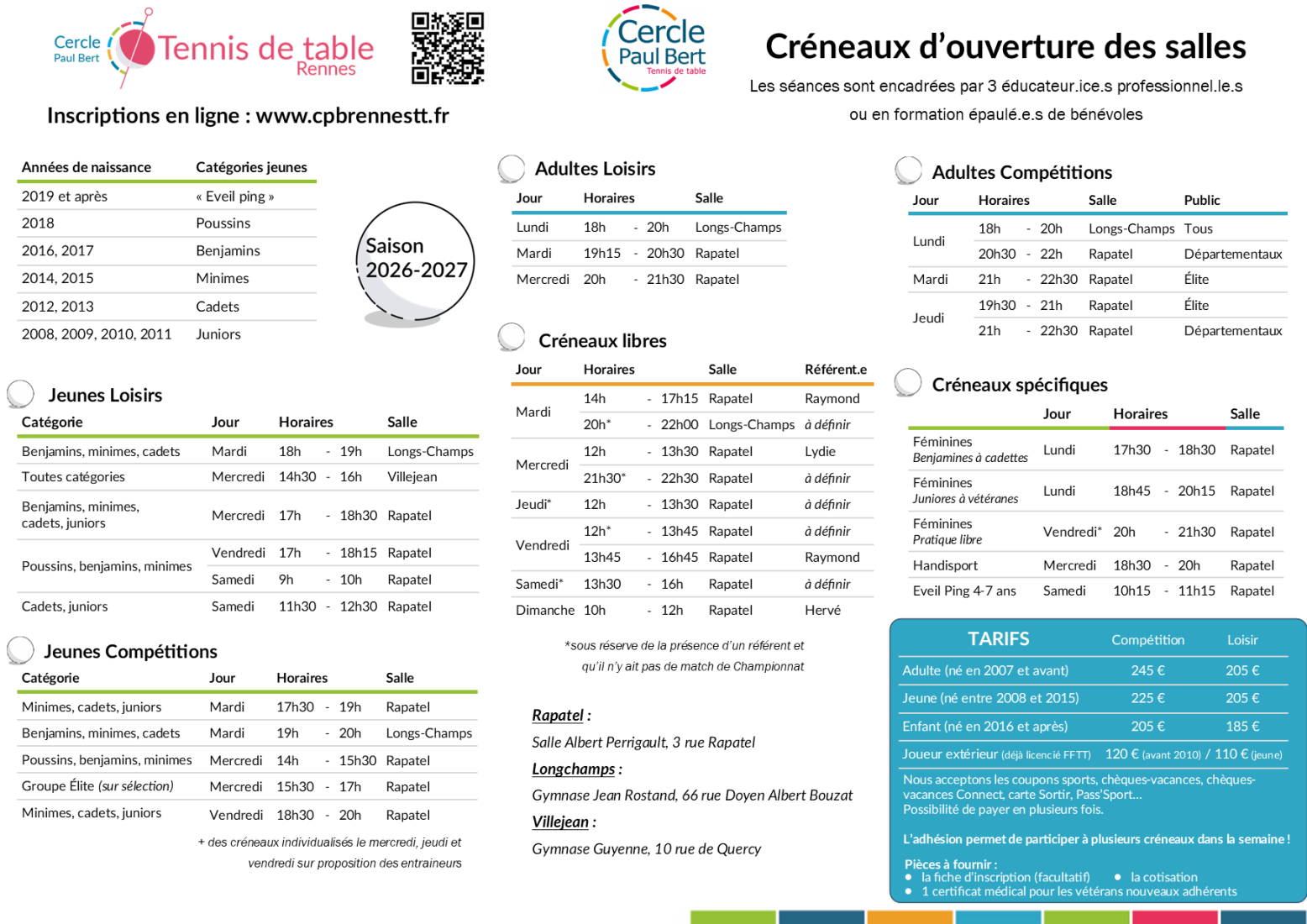 Les entrainements et tarifs