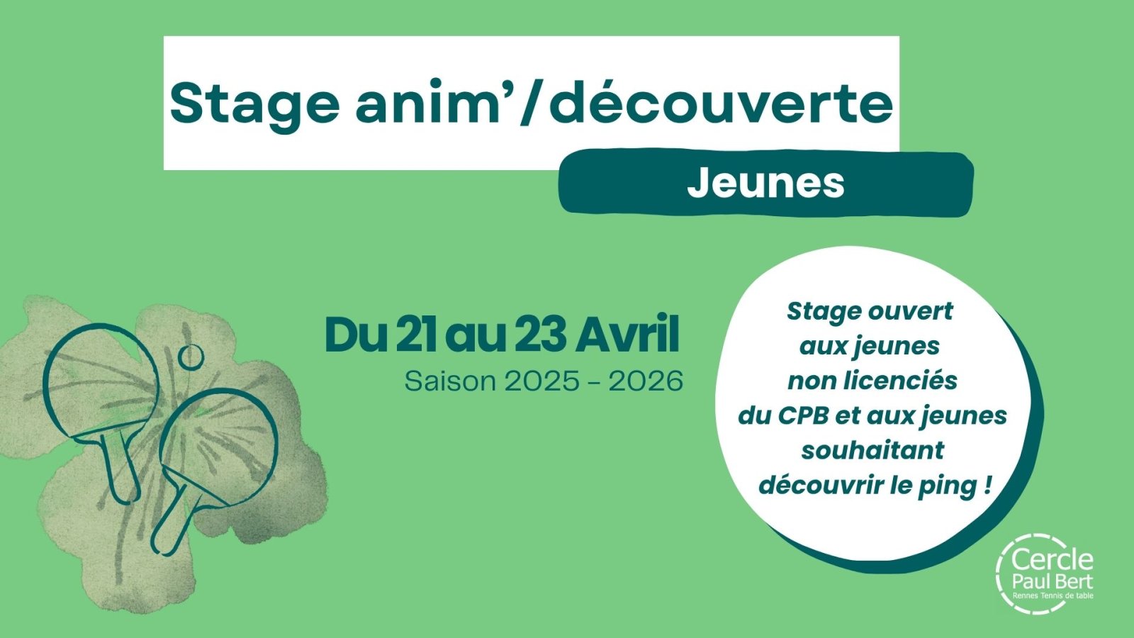Stage Printemps Jeunes 2025/2026 - du 21 au 23 avril 2026
